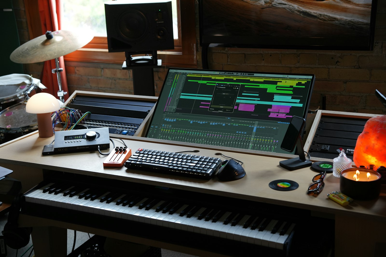 Bureau de production musicale avec clavier maître et écran affichant une session