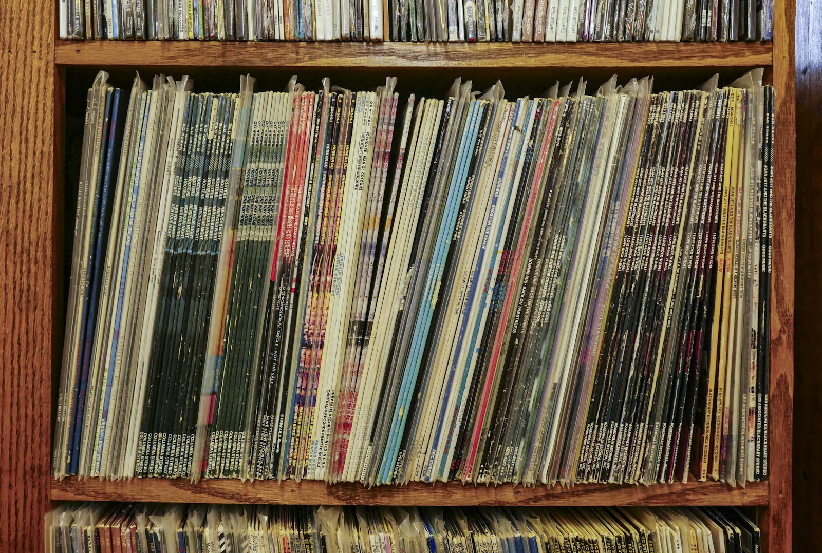 Bacs de disques vinyles alignés dans une boutique de disquaire