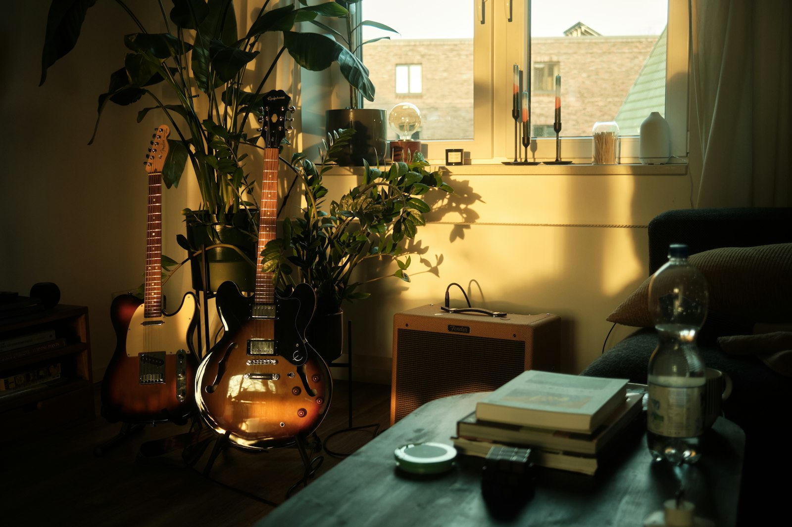 Salon lumineux avec une guitare posée près d’une plante