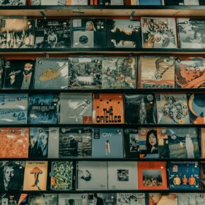 Rangées de vinyles exposés sur des étagères en bois dans un magasin de musique