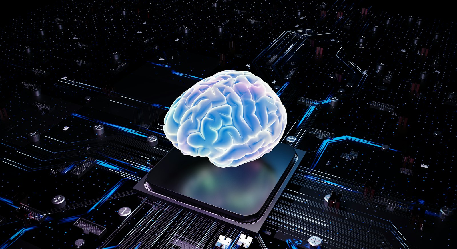 Illustration d'un cerveau au-dessus d'un processeur représentant l'intelligence artificielle