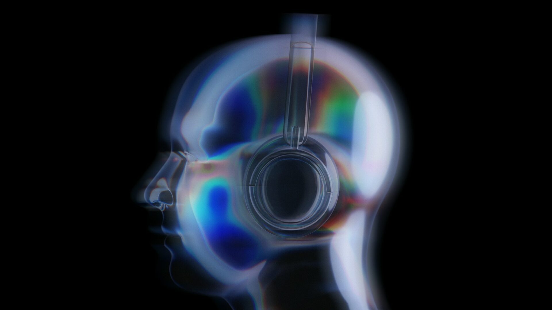 Profil humain transparent portant un casque audio, image abstraite évoquant l’intelligence artificielle et la musique