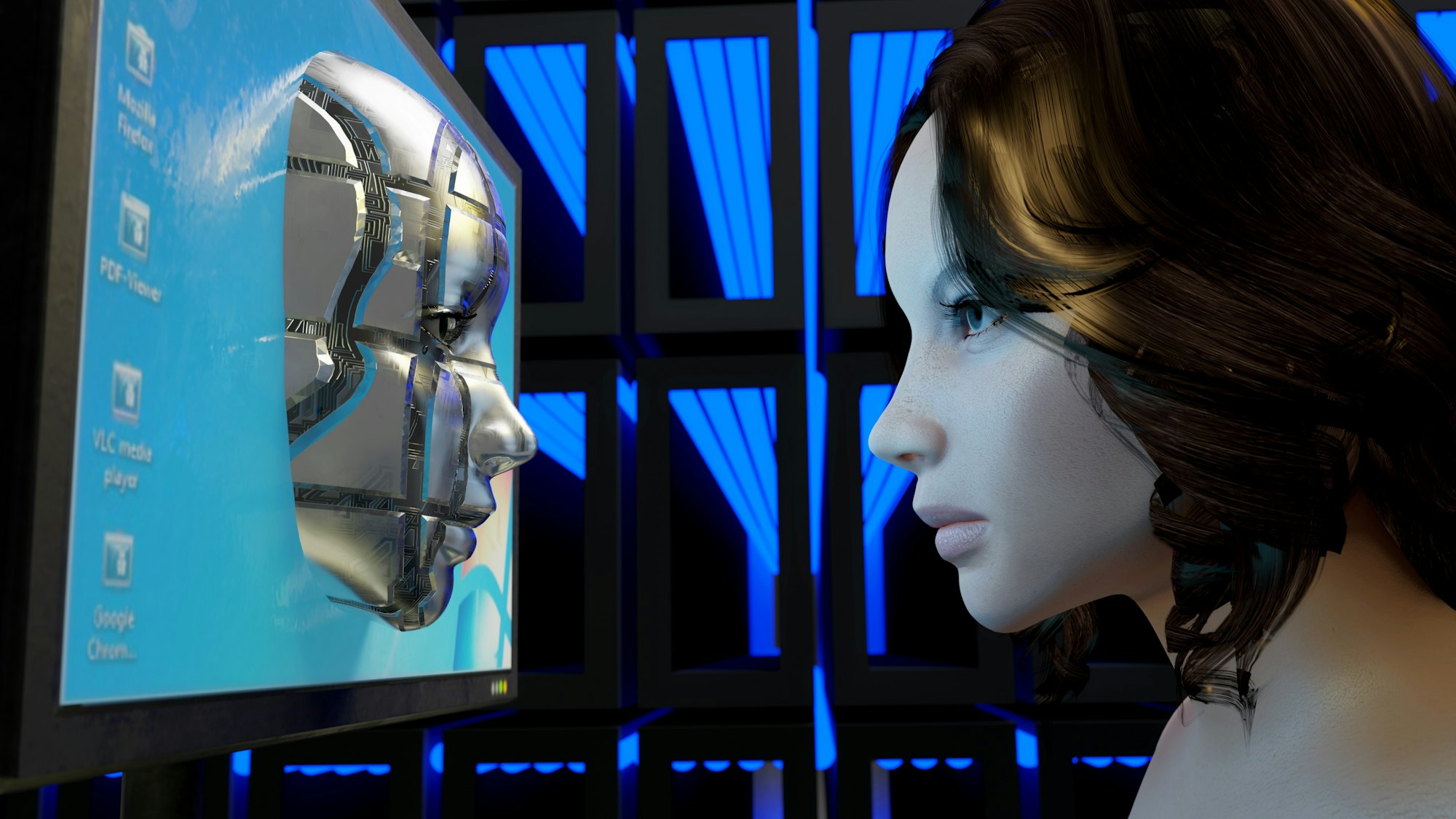 Personne regardant un visage métallique artificiel affiché sur un écran d’ordinateur