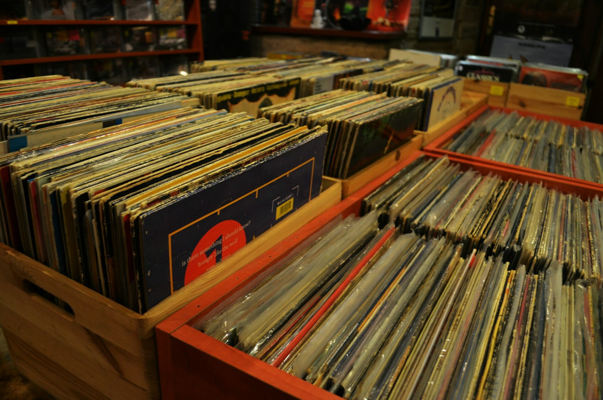 Grande collection de disques vinyles rangés dans les bacs d’un magasin de disques