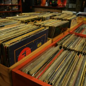 Grande collection de disques vinyles rangés dans les bacs d’un magasin de disques