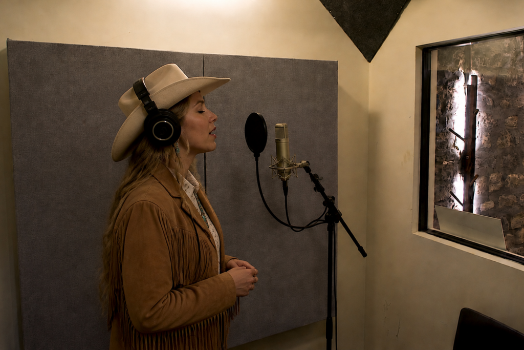 Jeune chanteuse de country enregistrant une voix dans la cabine du studio LE KICK