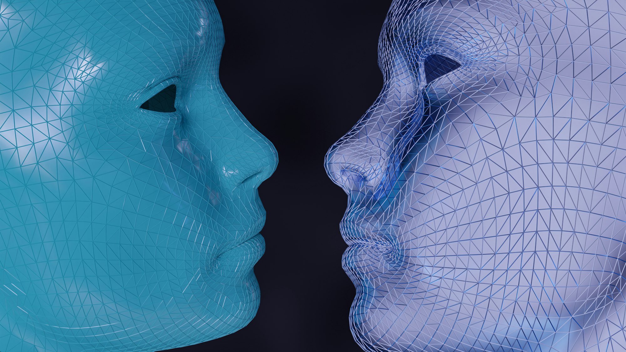 Rendu 3D de deux visages de mannequins, l’un bleu et l’autre blanc, face à face
